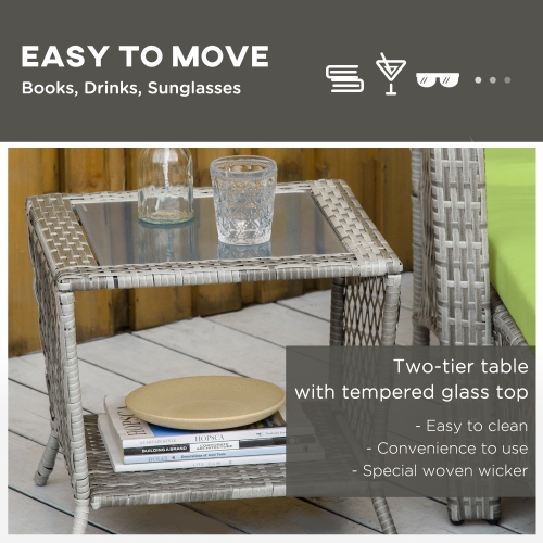 Outsunny 2 Pieces Wicker Patio Lounge Set w/ Cushions, Outdoor PE Rattan Sun Lounger Sets w/ 5-Level Reclining Chaise Chair & Two-tier Glass Top