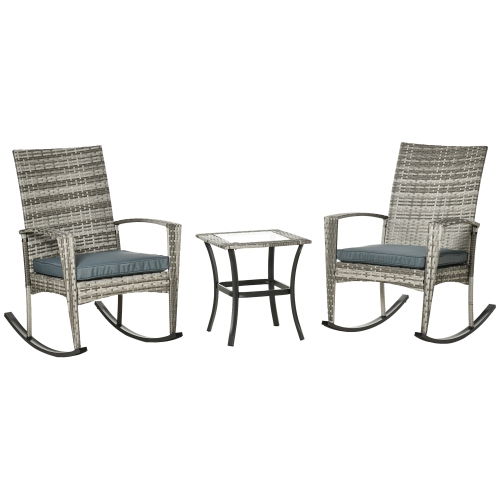 Outsunny 3 Pieces Patio Wicker Rocking Chair Set, Outdoor PE Rattan Bistro Set Conversation Rocker Set with 2 Chairs 1 Coffee Table for Backyard,