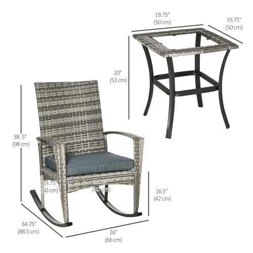 Outsunny 3 Pieces Patio Wicker Rocking Chair Set, Outdoor PE Rattan Bistro Set Conversation Rocker Set with 2 Chairs 1 Coffee Table for Backyard,