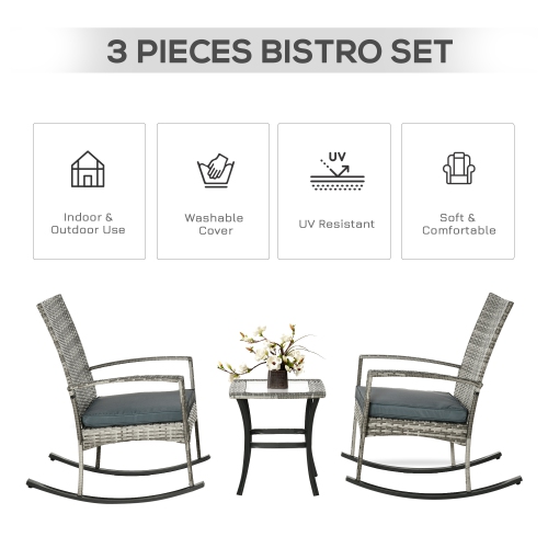 Outsunny 3 Pieces Patio Wicker Rocking Chair Set, Outdoor PE Rattan Bistro Set Conversation Rocker Set with 2 Chairs 1 Coffee Table for Backyard,