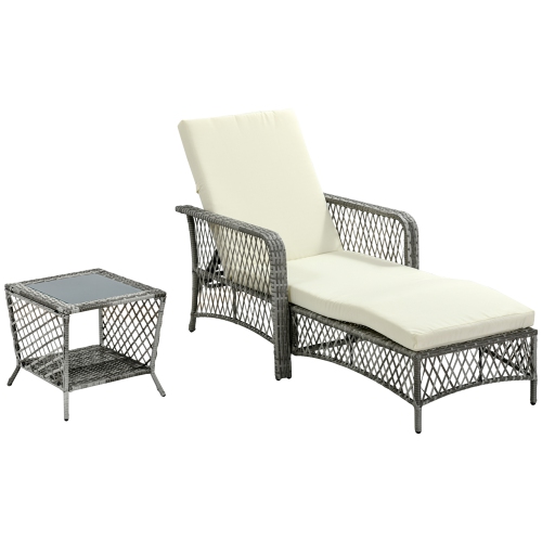 Outsunny 2 Pieces Wicker Patio Lounge Set w/ Cushions, Outdoor PE Rattan Sun Lounger Sets w/ 5-Level Reclining Chaise Chair & Two-tier Glass Top Coff