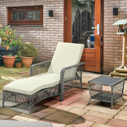Outsunny 2 Pieces Wicker Patio Lounge Set w/ Cushions, Outdoor PE Rattan Sun Lounger Sets w/ 5-Level Reclining Chaise Chair & Two-tier Glass Top
