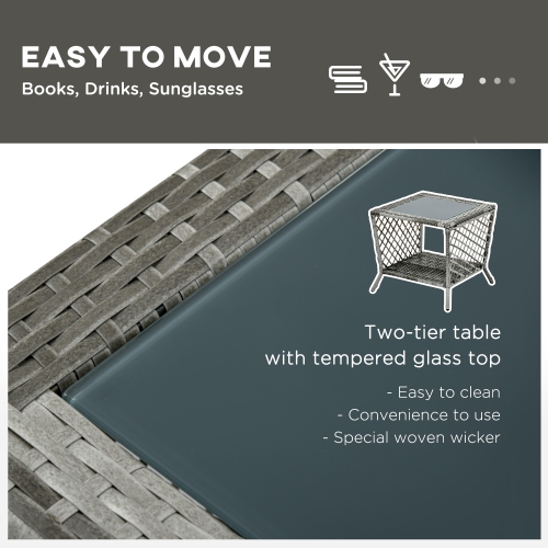 Outsunny 2 Pieces Wicker Patio Lounge Set w/ Cushions, Outdoor PE Rattan Sun Lounger Sets w/ 5-Level Reclining Chaise Chair & Two-tier Glass Top