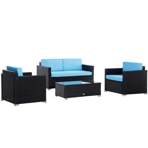 Outsunny 4 Pieces Wicker Patio Furniture Set with Thick Cushions, Outdoor PE Rattan Conversation Sofa Set with Glass Top Table & Extra Wide Seat, Sky