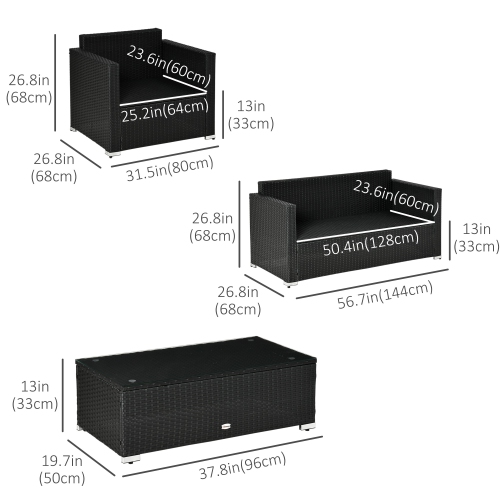 Outsunny 4 Pieces Wicker Patio Furniture Set with Thick Cushions, Outdoor PE Rattan Conversation Sofa Set with Glass Top Table & Extra Wide Seat, Sky