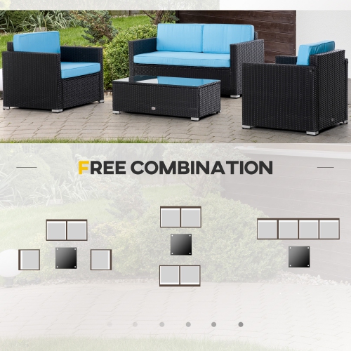 Outsunny 4 Pieces Wicker Patio Furniture Set with Thick Cushions, Outdoor PE Rattan Conversation Sofa Set with Glass Top Table & Extra Wide Seat, Sky
