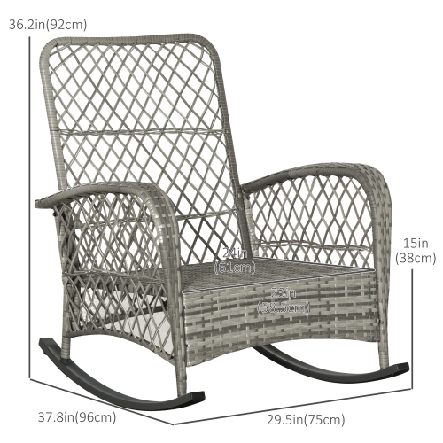 Outsunny Rattan Rocking Chair, Outdoor Wicker Patio Rocker Chair Furniture with Thick Cushions, for Garden Backyard Porch, Khaki