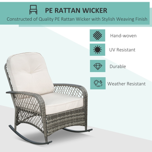 Outsunny Rattan Rocking Chair, Outdoor Wicker Patio Rocker Chair Furniture with Thick Cushions, for Garden Backyard Porch, Khaki