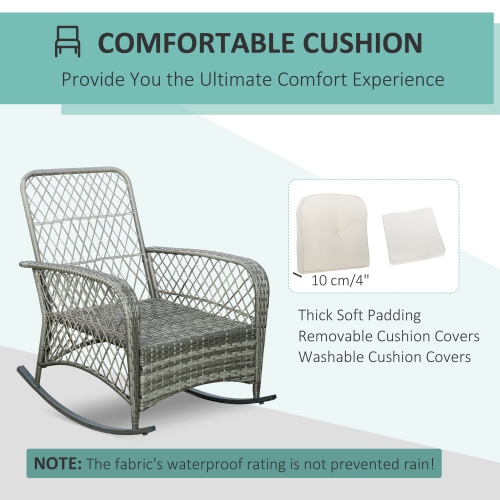 Outsunny Rattan Rocking Chair, Outdoor Wicker Patio Rocker Chair Furniture with Thick Cushions, for Garden Backyard Porch, Khaki