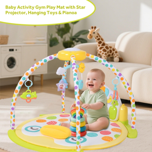 5 in 1 Baby Activity Gym Playmat, Baby Kick & Play Mat with Star Projector, Hanging Toys and Piano, 93 x 91 x 61CM