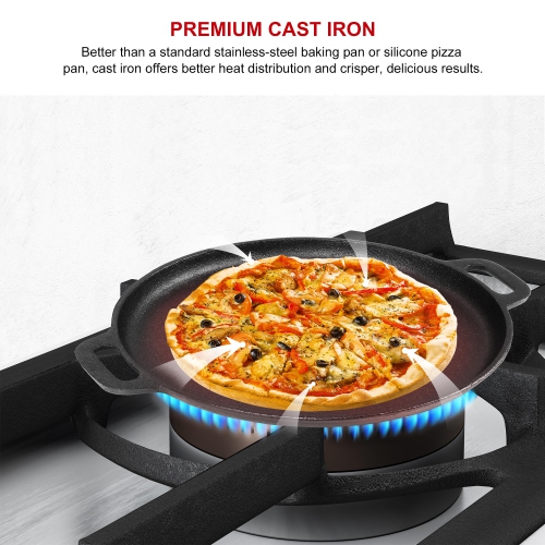 14-Inch Pre-Seasoned Cast Iron Pizza and Baking Pan with Handles for oven, stove, BBQ grill, Black - LIVINGbasics®