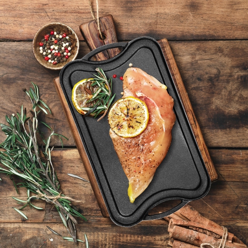 Pre-Seasoned Cast Iron Reversible Grill Pan Reversible Kitchen Griddle Plate with Handles, 16.5" x 9.9" x 0.8"