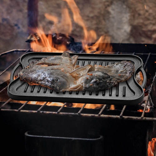 Pre-Seasoned Cast Iron Reversible Grill Pan Reversible Kitchen Griddle Plate with Handles, 16.5" x 9.9" x 0.8"