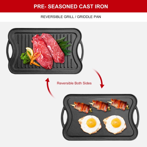 Pre-Seasoned Cast Iron Reversible Grill Pan Reversible Kitchen Griddle Plate with Handles, 16.5" x 9.9" x 0.8"