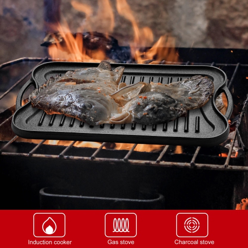 Pre-Seasoned Cast Iron Reversible Grill Pan Reversible Kitchen Griddle Plate with Handles, 16.5" x 9.9" x 0.8"