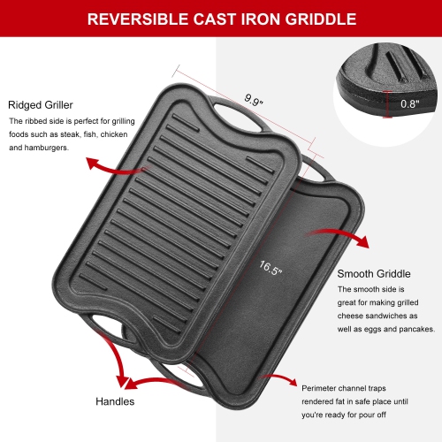 Pre-Seasoned Cast Iron Reversible Grill Pan Reversible Kitchen Griddle Plate with Handles, 16.5" x 9.9" x 0.8"