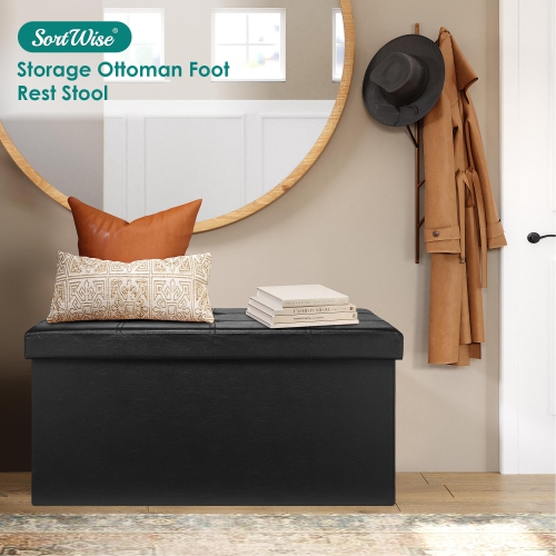 SortWise Folding Storage Ottoman Bench Foot Rest Stool Faux Leather Organizer ,Black, 30" x 15" x 15"