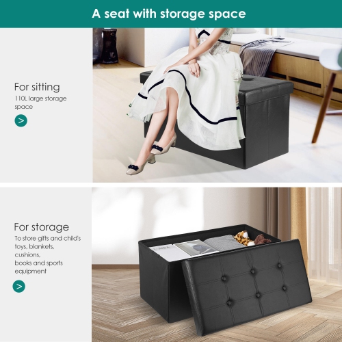 SortWise Folding Storage Ottoman Bench Foot Rest Stool Faux Leather Organizer ,Black, 30" x 15" x 15"