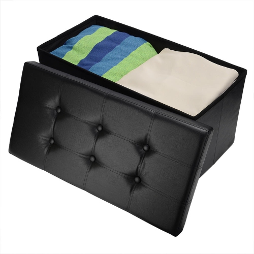 SortWise Folding Storage Ottoman Bench Foot Rest Stool Faux Leather Organizer ,Black, 30" x 15" x 15"