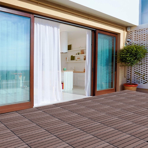 9 Pack Garden Balcony Deck Tiles, 12"x12" Wood Plastic Composite Patio Decking with 4-Slat Pattern Outdoor Flooring Decking for Patio Garden Porch