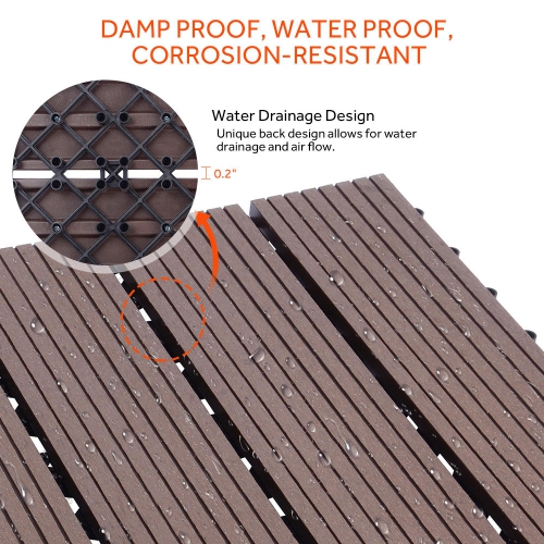 9 Pack Garden Balcony Deck Tiles, 12"x12" Wood Plastic Composite Patio Decking with 4-Slat Pattern Outdoor Flooring Decking for Patio Garden Porch