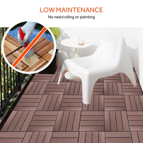 9 Pack Garden Balcony Deck Tiles, 12"x12" Wood Plastic Composite Patio Decking with 4-Slat Pattern Outdoor Flooring Decking for Patio Garden Porch
