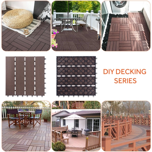 9 Pack Garden Balcony Deck Tiles, 12"x12" Wood Plastic Composite Patio Decking with 4-Slat Pattern Outdoor Flooring Decking for Patio Garden Porch