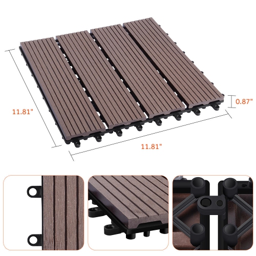 9 Pack Garden Balcony Deck Tiles, 12"x12" Wood Plastic Composite Patio Decking with 4-Slat Pattern Outdoor Flooring Decking for Patio Garden Porch