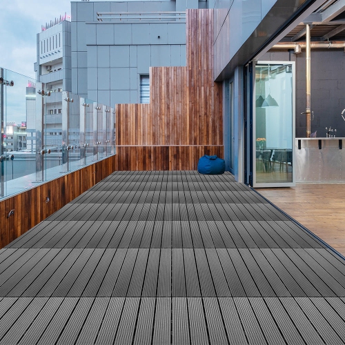 9 Pack Garden Balcony Deck Tiles, 12"x12" Wood Plastic Composite Patio Decking with 4-Slat Pattern Outdoor Flooring Decking for Patio Garden Porch