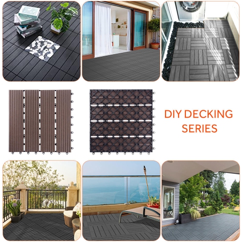 9 Pack Garden Balcony Deck Tiles, 12"x12" Wood Plastic Composite Patio Decking with 4-Slat Pattern Outdoor Flooring Decking for Patio Garden Porch