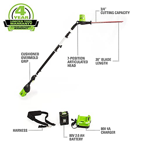 Greenworks Pro 80V 20" Cordless Pole Hedge Trimmer, 2.0Ah Battery and Charger Included