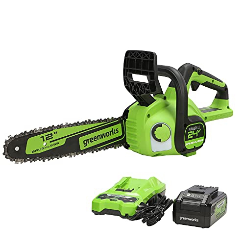 GREENWORKS  24V 12" Brushless Chainsaw, 4Ah USB Battery And Charger Included It is lightweight, goes through thicker branches like butter and the power time is quite impressive