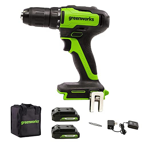 Perceuse-tournevis sans fil Greenworks, 24 V, sans balais, 1⁄2 po, 2 batteries USB de 1,5 Ah et chargeur inclus DD24L1520