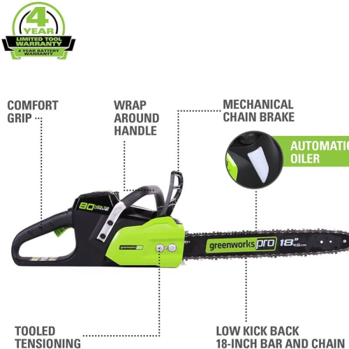 Greenworks PRO 80V 18-Inch Cordless Chainsaw, 2.0 AH Battery Included