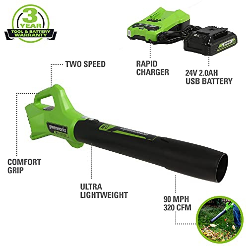 Greenworks 24V Axial Blower 90 MPH - 320 CFM, 2.0Ah USB Battery and Charger Included