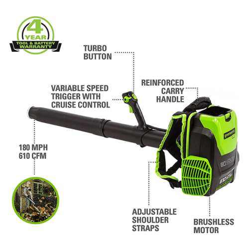 Greenworks PRO 80V 180 MPH - 610 CFM Brushless Axial Backpack Blower, Tool Only - BPB80L00