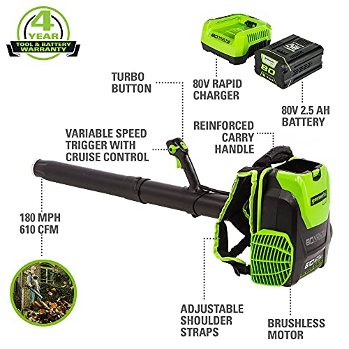 Greenworks Pro 80V Cordless Backpack Leaf Blower, 2.5Ah Battery and Charger Included BPB80L2510