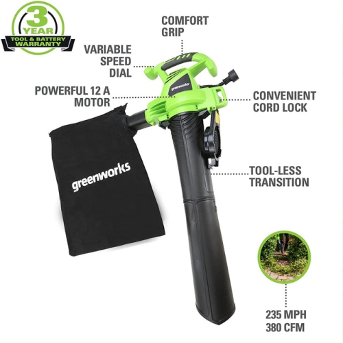 Greenworks 12Amp Corded 230 MPH- 375 CFM 2-Speed Blower/Vacuum