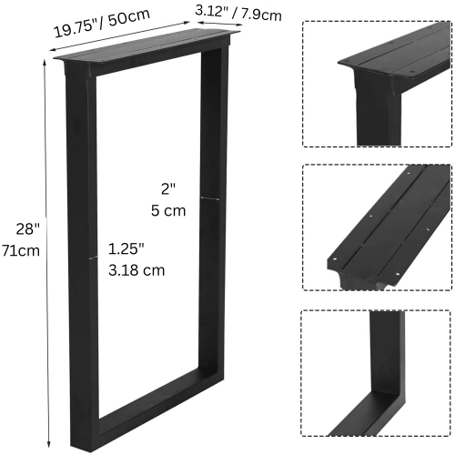 Set of 2 AnthroDesk Carbon Steel Metal Table Legs. for Dining Room, Patio, Coffee Table, Office, Home Office with Matte Black Powder Coating