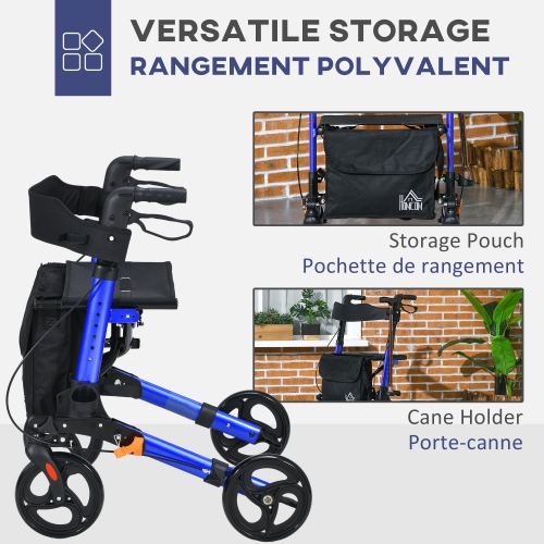Ambulateur à roulettes HOMCOM pour aînés et adultes avec roues de 8 po, siège, marcheur pliant léger en aluminium avec poignée réglable, sac de