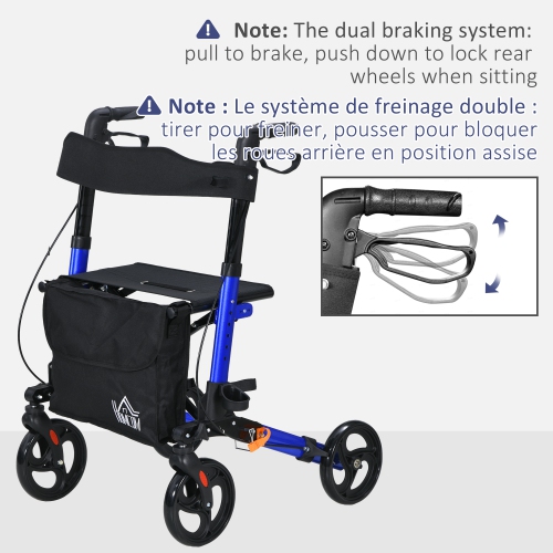 Ambulateur à roulettes HOMCOM pour aînés et adultes avec roues de 8 po, siège, marcheur pliant léger en aluminium avec poignée réglable, sac de