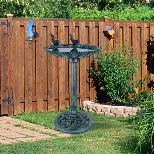 Bain d'oiseaux de 28 po avec 2 oiseaux, mangeoire pour oiseaux d'extérieur antique pour patio, décoration de jardin d'extérieur