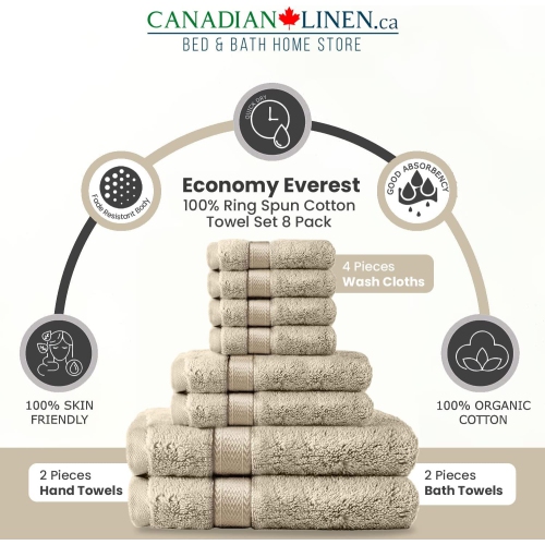 Canadian Linen Beige Economy 8 Pack Bathroom Towel Set 2 26"x52" 500 GSM Bath Towels 2 Hand Towels 4 Washcloths Soft Absorbent Cotton Towel Quick Dry
