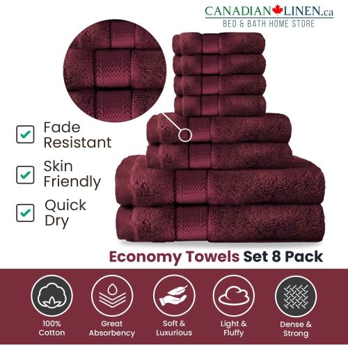 Canadian Linen Red Economy 8 Pack Bathroom Towel Set 2 26"x52" 500 GSM Bath Towels 2 Hand Towels 4 Washcloths Soft Absorbent Cotton Towel Quick Dry