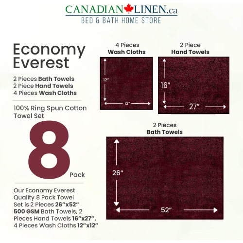 Canadian Linen Red Economy 8 Pack Bathroom Towel Set 2 26"x52" 500 GSM Bath Towels 2 Hand Towels 4 Washcloths Soft Absorbent Cotton Towel Quick Dry