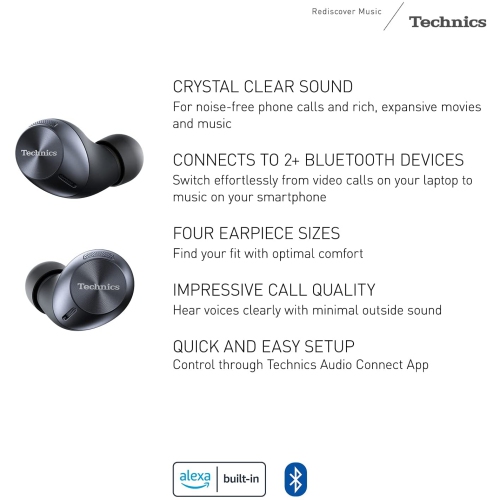 TECHNICS True Wireless Earbuds with 4 Silicone Earpiece Sizes, Black, Earpieces Set: XS, S, M, L , Black