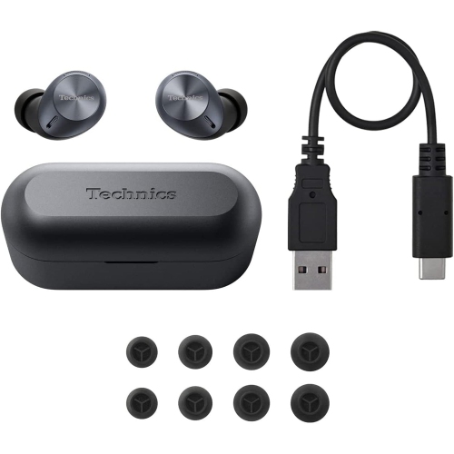 TECHNICS True Wireless Earbuds with 4 Silicone Earpiece Sizes, Black, Earpieces Set: XS, S, M, L , Black