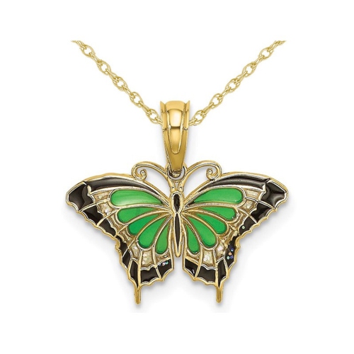 GEM AND HARMONY  Green Butterfly Charm Pendant Necklace In 10K Gold With Chain In Yellow