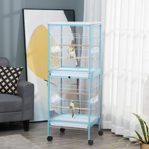 PawHut 55.1" 2 In 1 Bird Cage Aviary Parakeet House for finches, budgies with Wheels, Slide-out Trays, Wood Perch, Food Containers, Light Blue