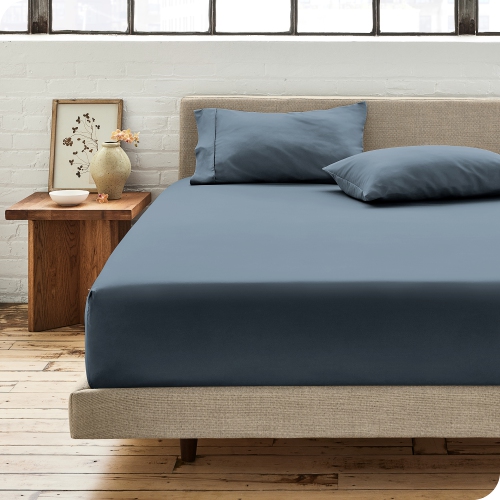 Bare Home 100% Organic Cotton Fitted Bottom Sheet - Crisp Percale Weave - Lightweight & Breathable - Bering Sea, Full